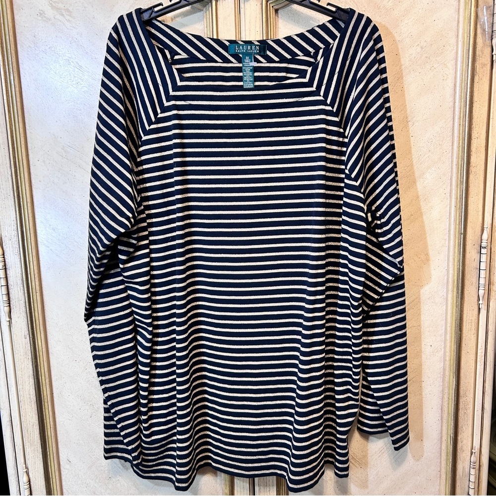 Lauren Ralph Lauren Black & Metallic Gold Striped Boatneck Top Shirt NEW NWOT